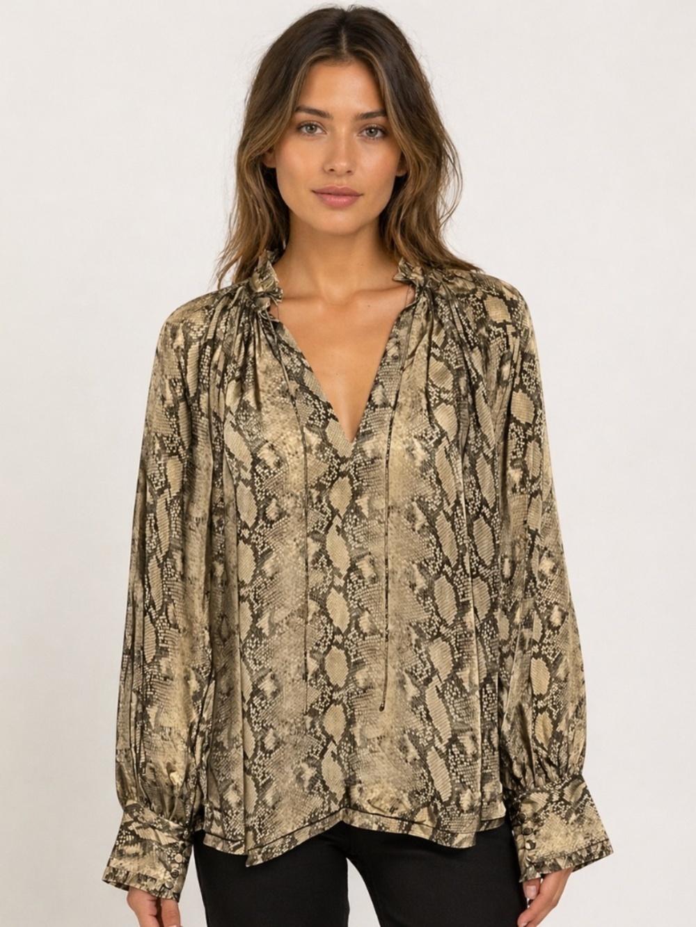 Jonathan Simkhai Snake Print Cupro Blouse Boho Ruffle Neck Peasant Top Medium